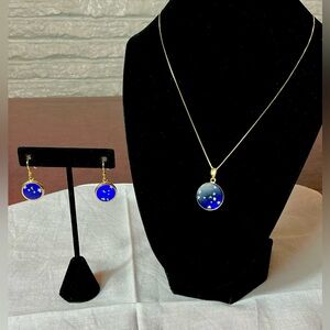 Authentic Italian Murano Glass Celestial Gold&Blue Necklace Set 925 Silver/GP